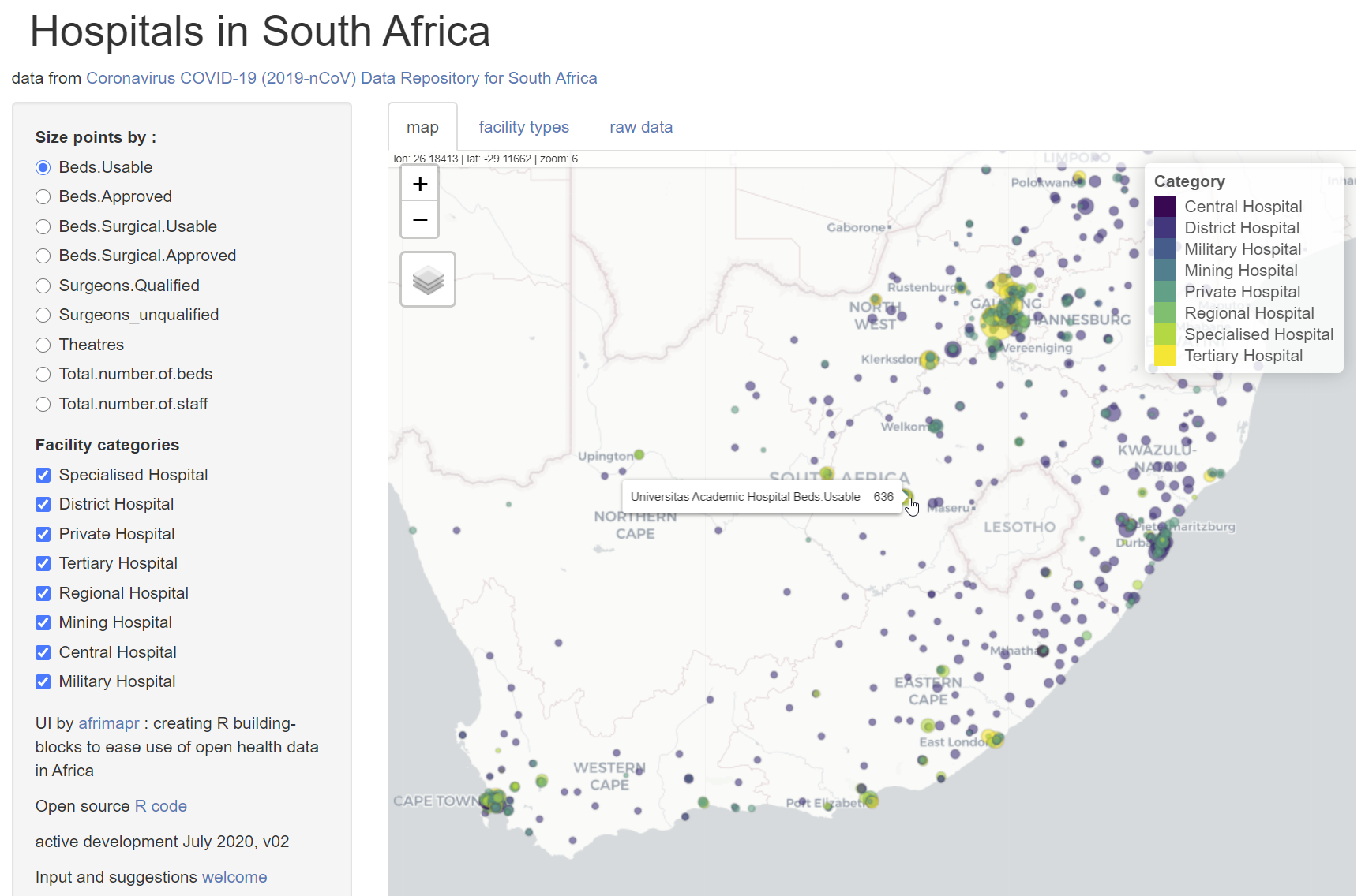 Map showing all hospitals in the dataset