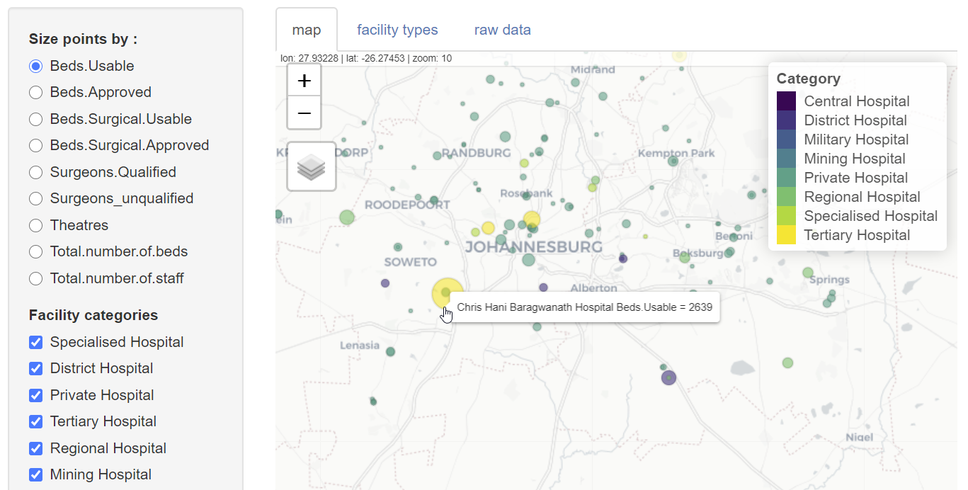 Map showing all hospitals in the dataset