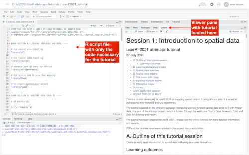 screen shot of RStudio cloud showing tutorial in English